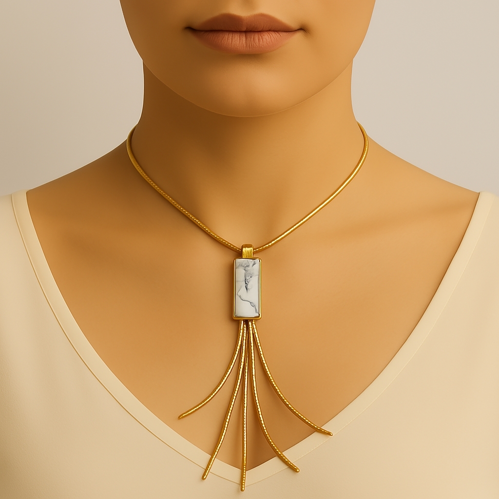 Gold Marble Pendant Necklace With Long Tassels - Women's Statement Jewelry